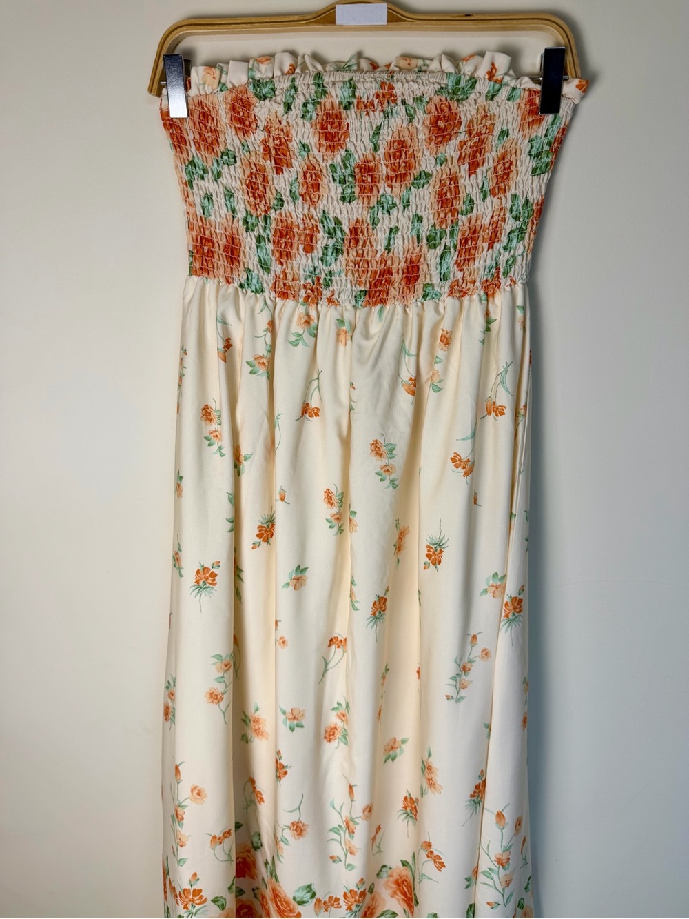 Cream Floral Smocked Strapless Maxi Dress